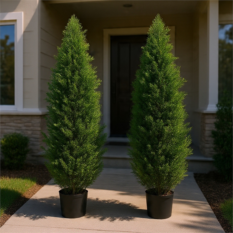 Tahya Cedar Topiary Tree- Set of 2- Iron Frame- Lifelike Poly Silk 48 Inch