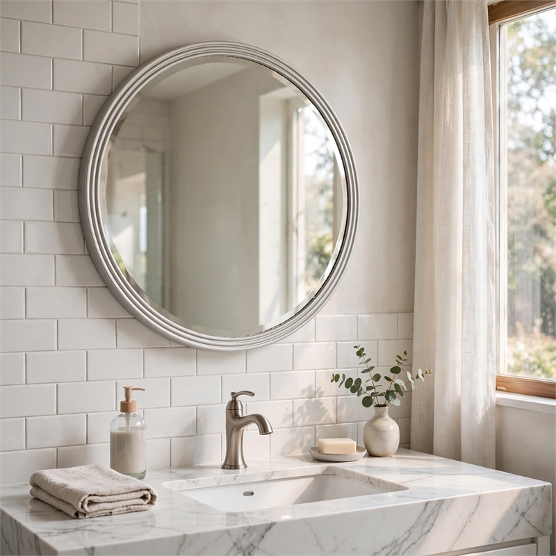 Aren Dresser Mirror- Molded Bordered Frame- White Wood- 35 Inch Round