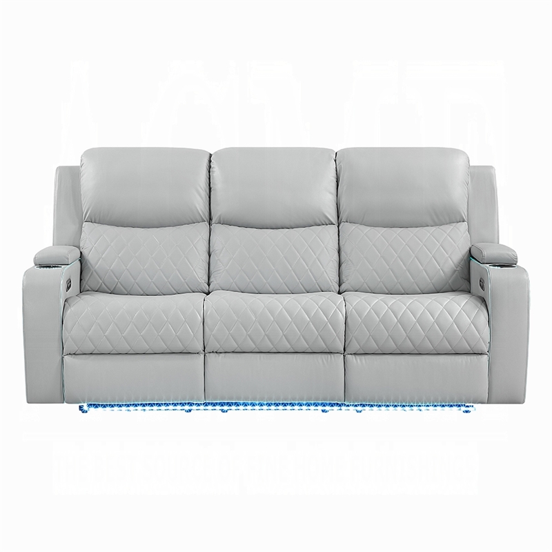 Ely Power Recliner Sofa with LED- Speakers- Gray Faux Leather- 83 Inch