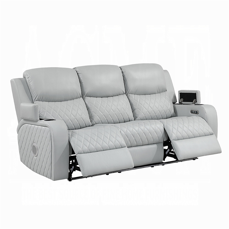 Ely Power Recliner Sofa with LED- Speakers- Gray Faux Leather- 83 Inch