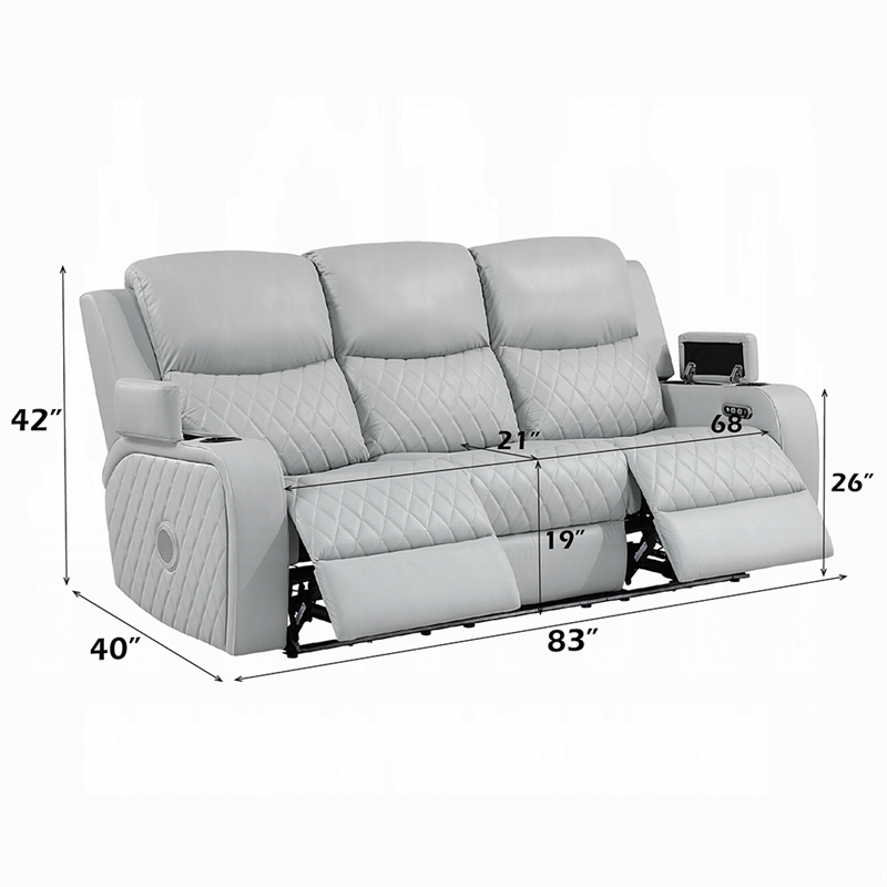 Ely Power Recliner Sofa with LED- Speakers- Gray Faux Leather- 83 Inch