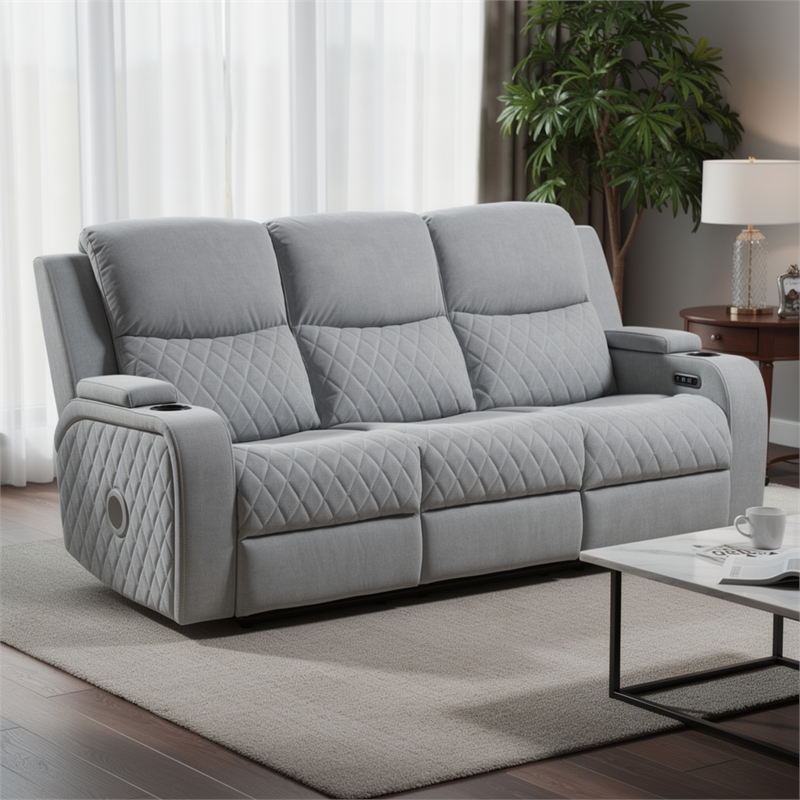 Ely Power Recliner Sofa with LED- Speakers- Gray Faux Leather- 83 Inch