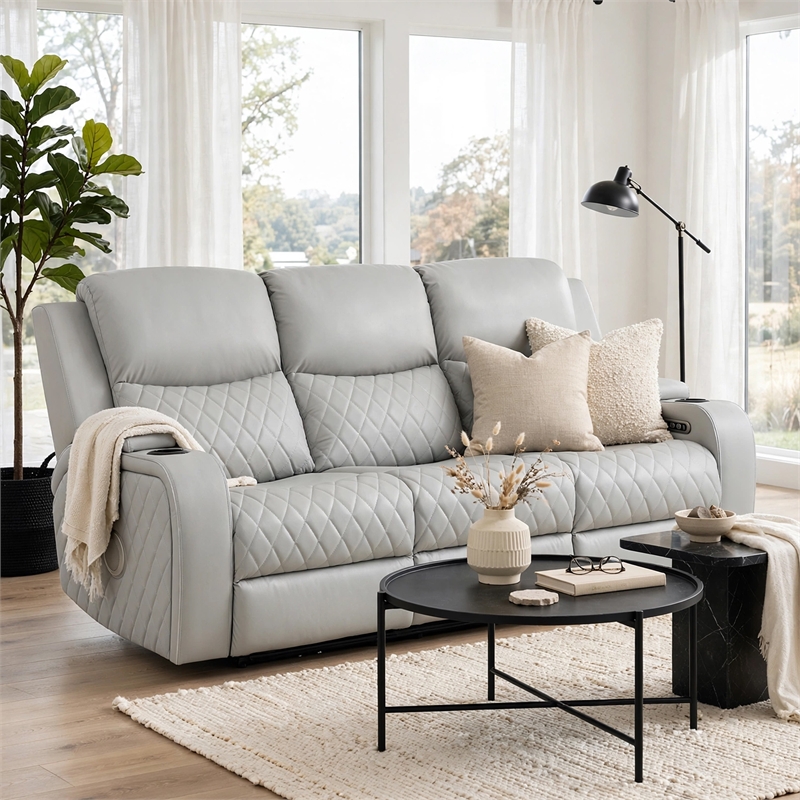 Ely Power Recliner Sofa with LED- Speakers- Gray Faux Leather- 83 Inch