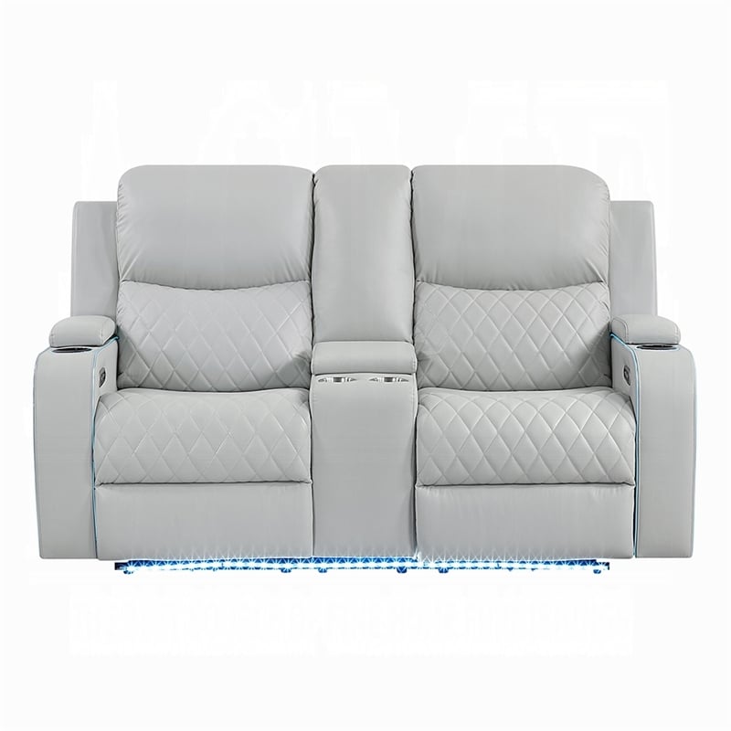 Ely Power Recliner Loveseat with Console- LED- Gray Faux Leather- 71 Inch