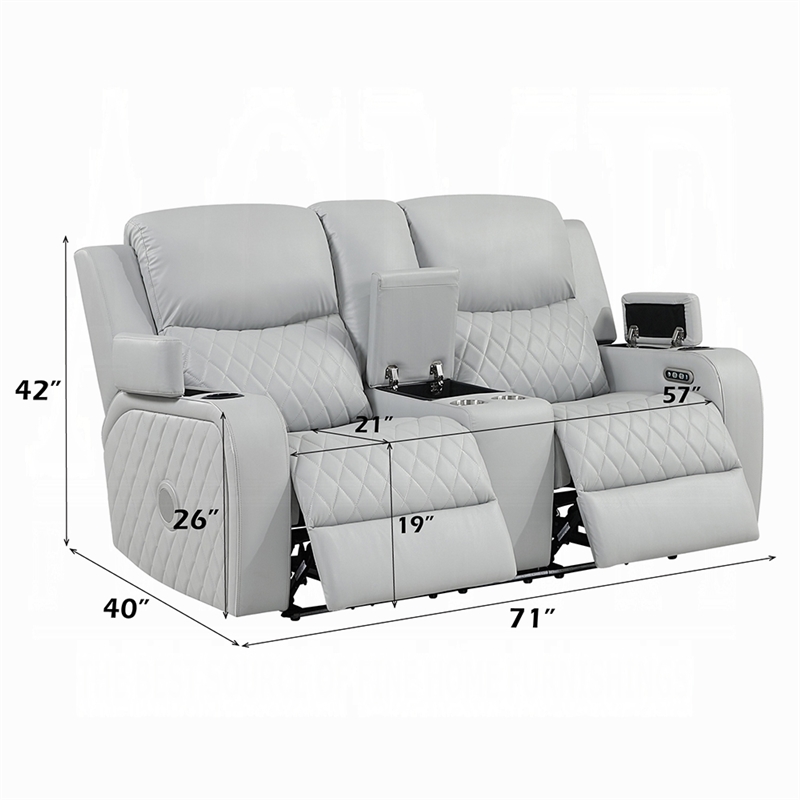 Ely Power Recliner Loveseat with Console- LED- Gray Faux Leather- 71 Inch