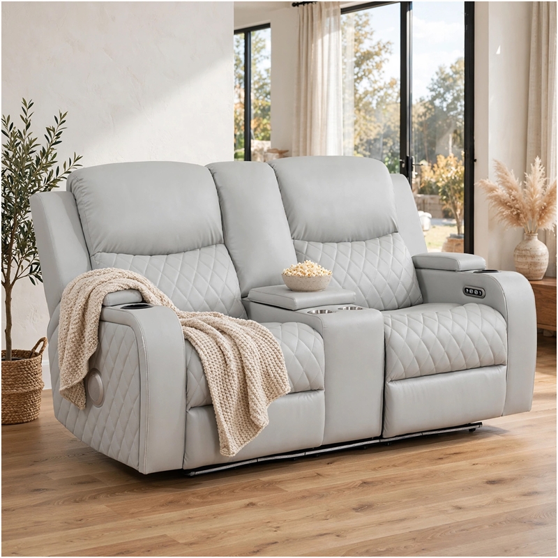 Ely Power Recliner Loveseat with Console- LED- Gray Faux Leather- 71 Inch