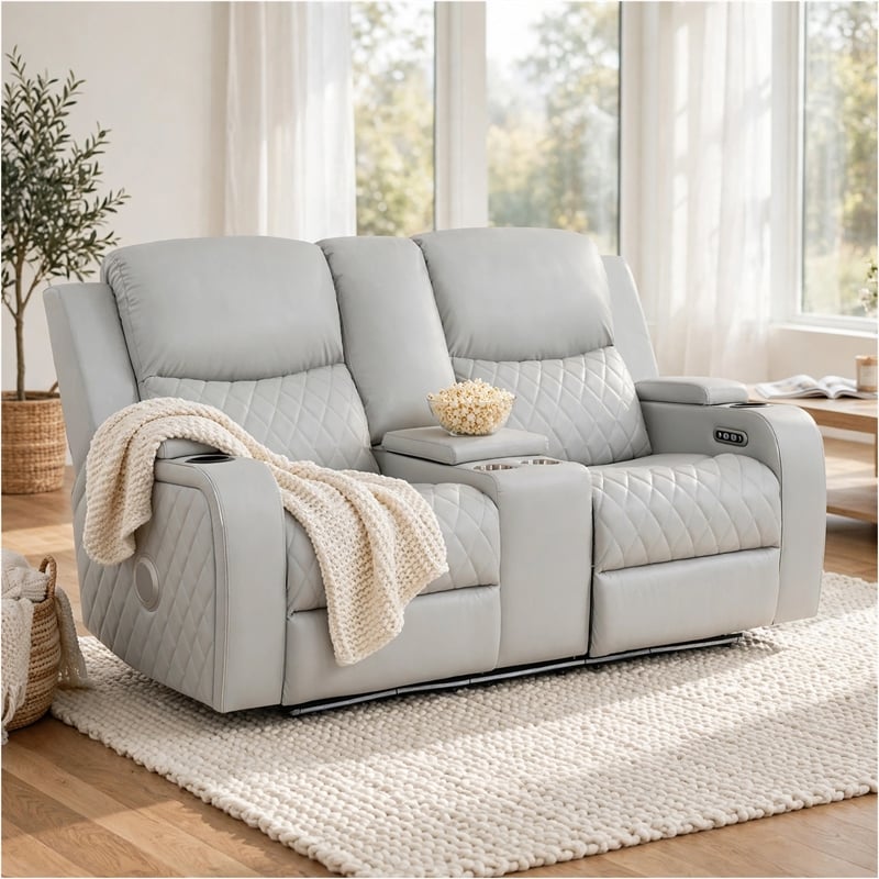 Ely Power Recliner Loveseat with Console- LED- Gray Faux Leather- 71 Inch