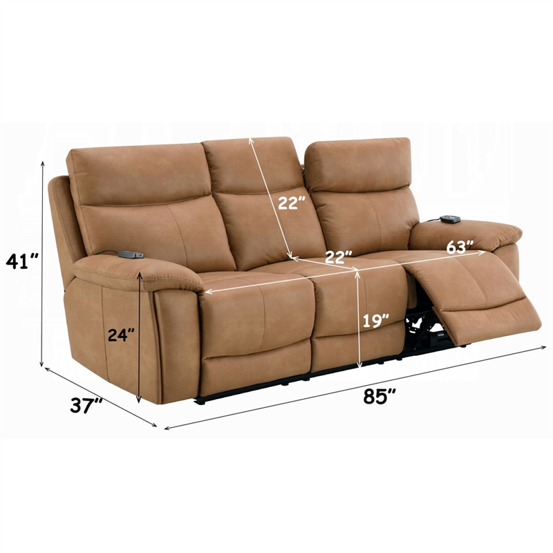 Kima Power Motion Recliner Sofa with USB- Brown Leather Aire- 85 Inch