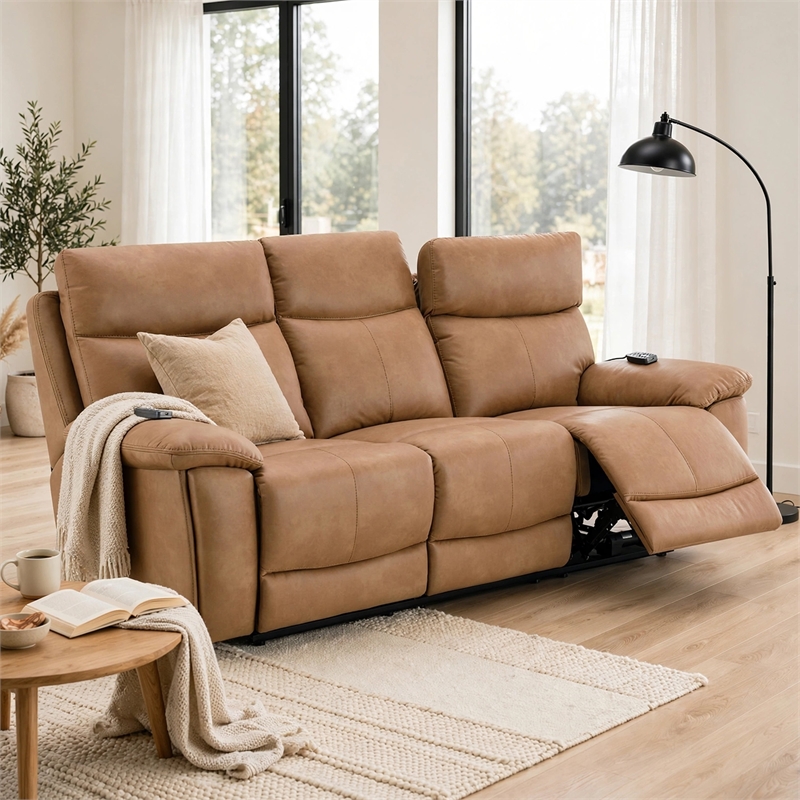 Kima Power Motion Recliner Sofa with USB- Brown Leather Aire- 85 Inch