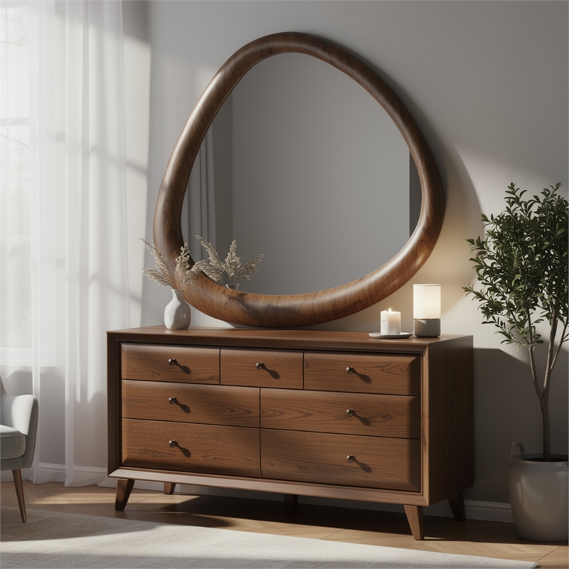 Sima Decorative Wall Mirror- Dark Brown- 39 Inch Organic Asymmetrical Shape