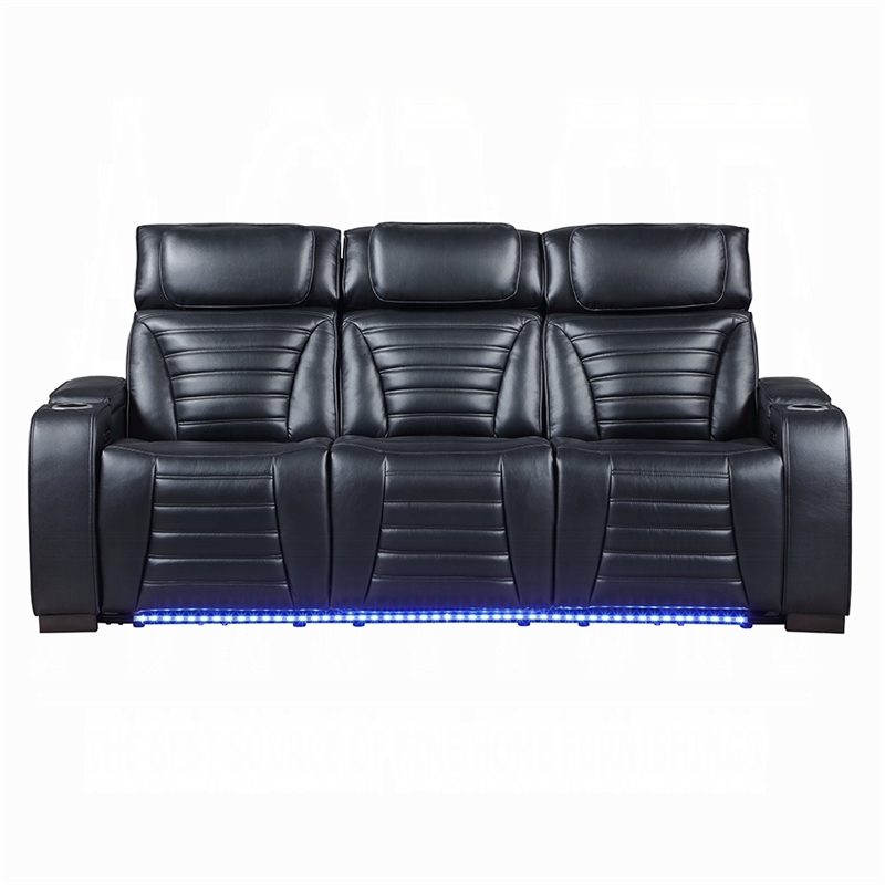 Pera Power Recliner Sofa with Dropdown Table- Black Leather Aire- 86 Inch