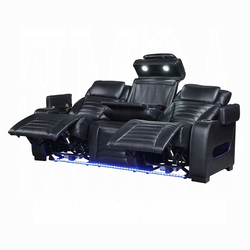 Pera Power Recliner Sofa with Dropdown Table- Black Leather Aire- 86 Inch