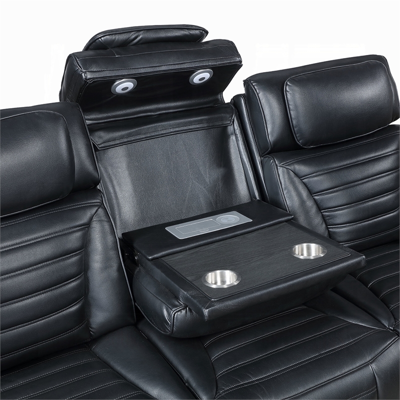 Pera Power Recliner Sofa with Dropdown Table- Black Leather Aire- 86 Inch