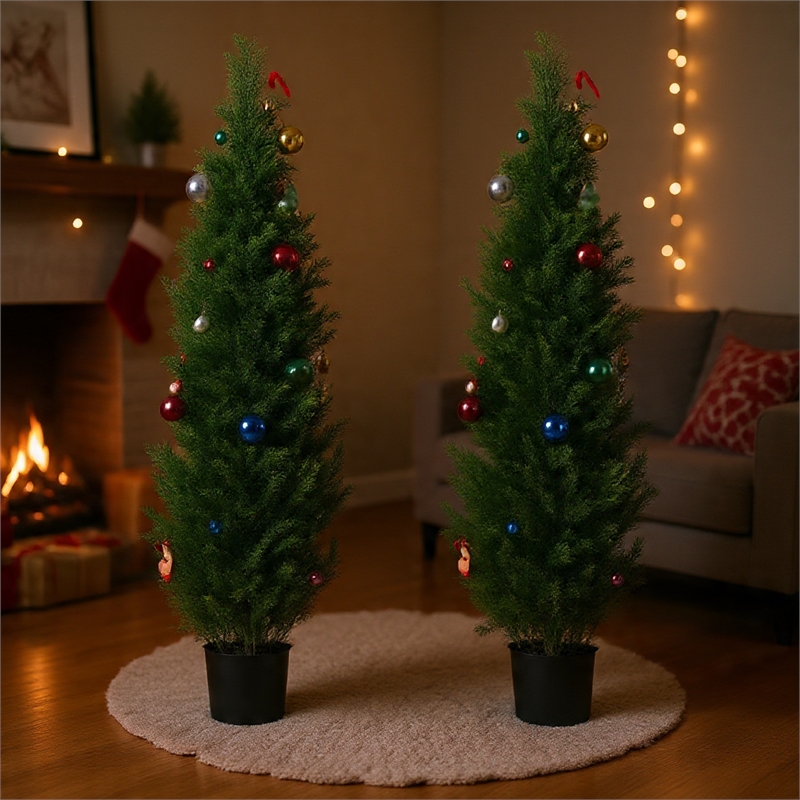 Tahya Cedar Topiary Tree- Set of 2- Iron Frame- Green Poly Silk- 60 Inch