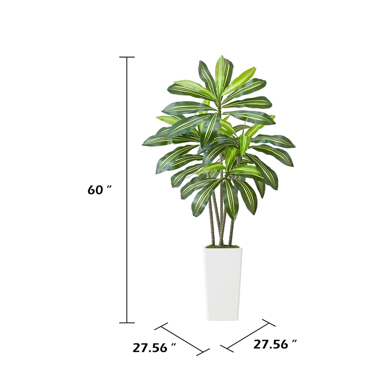 Kren Artificial Dracaena Tree- White Planter- Lifelike Poly Silk 60 Inch