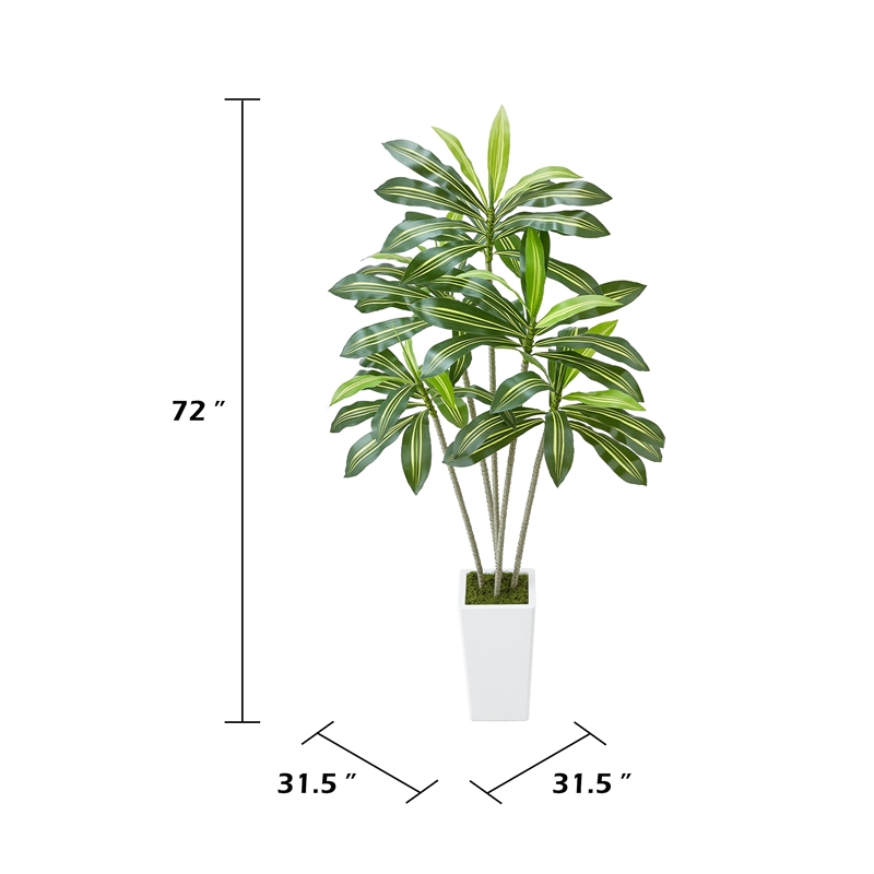 Kren Artificial Dracaena Tree- White Planter- Lifelike Poly Silk 72 Inch