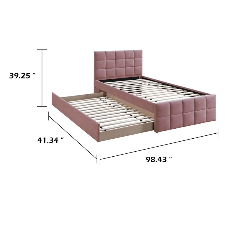 Shahi Full Platform Bed w Trundle- Tufted Pink Brushed Linen Upholstery