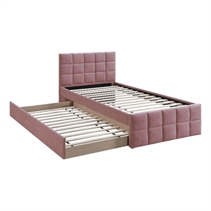 Shahi Full Platform Bed w Trundle- Tufted Pink Brushed Linen Upholstery