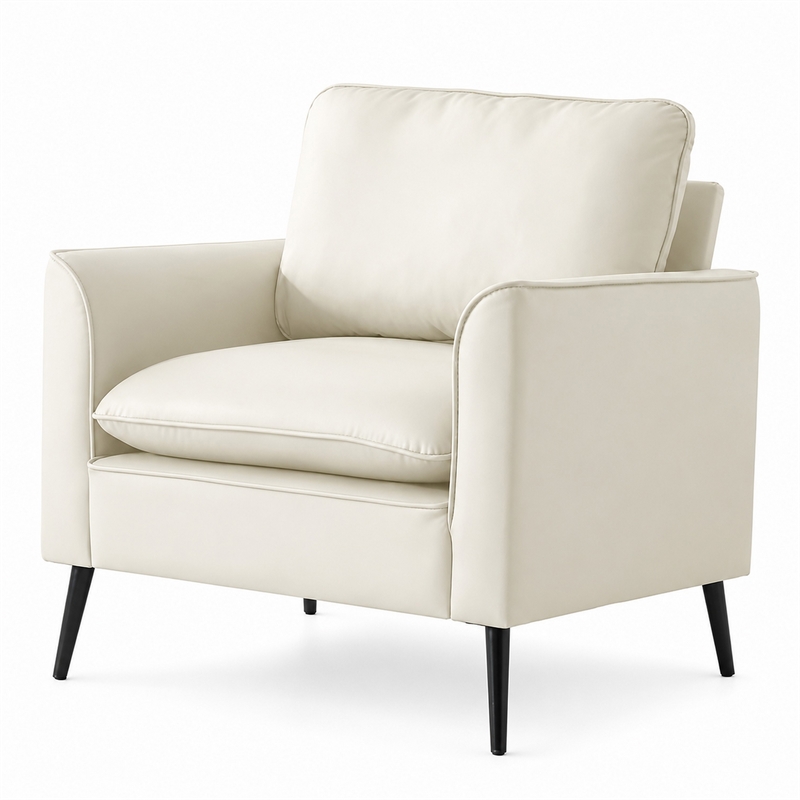 Pimi Sofa Chair Set of 2- Cream White Faux Leather- Retro Black Legs