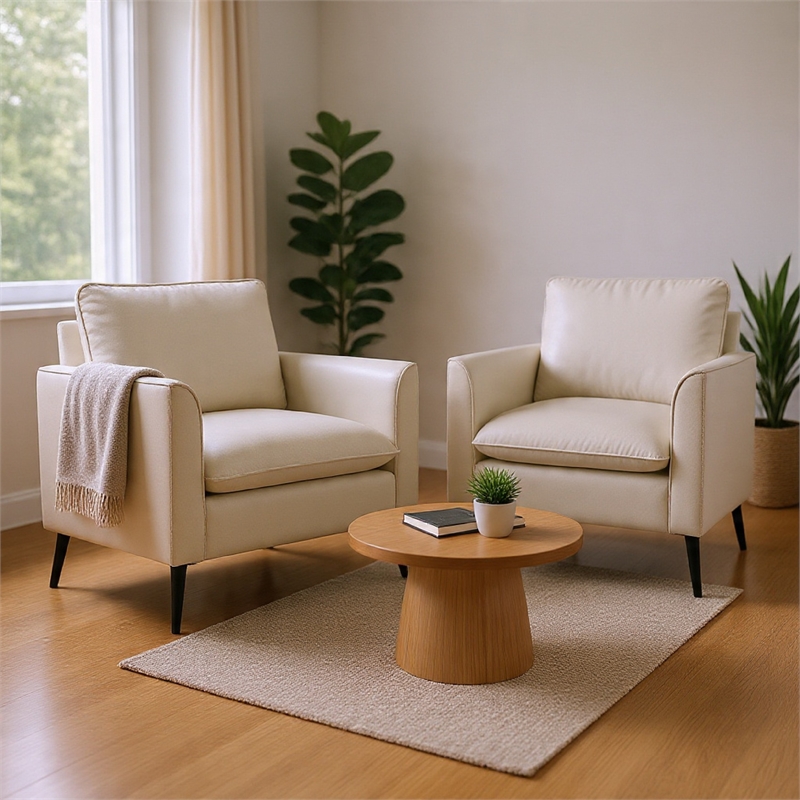 Pimi Sofa Chair Set of 2- Cream White Faux Leather- Retro Black Legs
