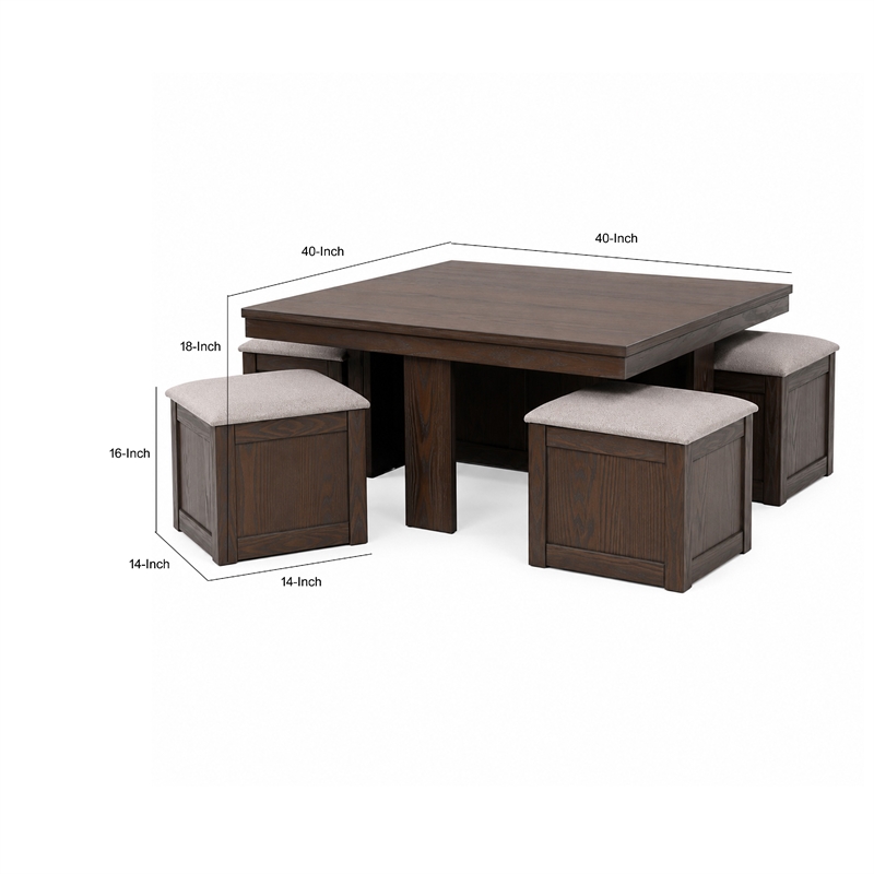 Pax 5pc Coffee Table w 4 Storage Ottoman- Gray Polyester Seat- Brown Wood