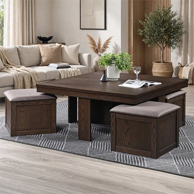 Pax 5pc Coffee Table w 4 Storage Ottoman- Gray Polyester Seat- Brown Wood