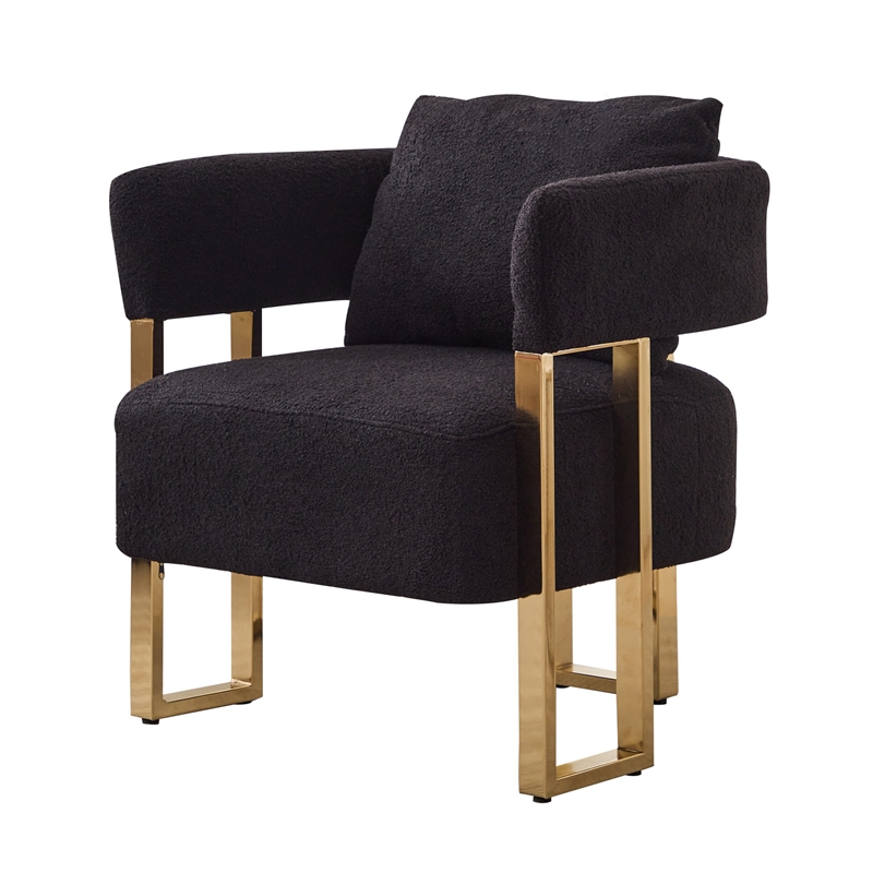 Sery Accent Sofa Chair Set of 2- Black Teddy Fleece- Gold Square Legs