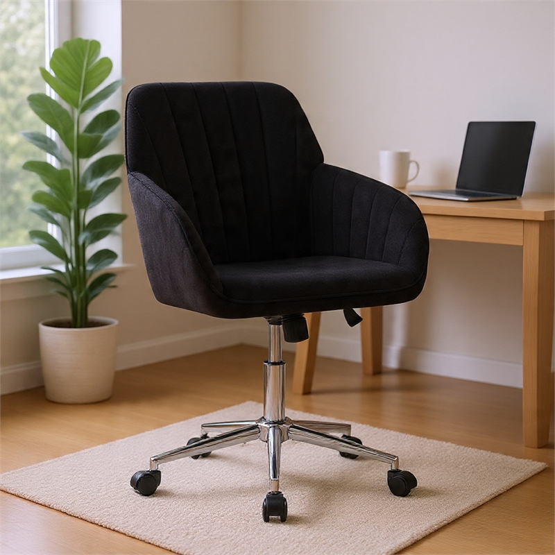Kena Swivel Office Chair- Black Tufted Velvet- Adjustable Height- Silver