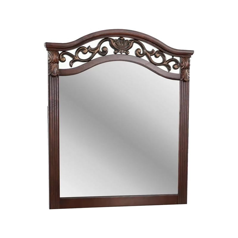 Ansa Arched Dresser Mirror- Carved Frame- Dark Cherry Brown Wood 37x41