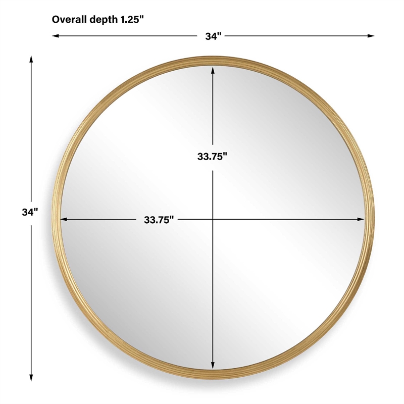 Decorative Wall Mirror- Ribbed Accent Gold Leaf- 34 Inch Round Frame