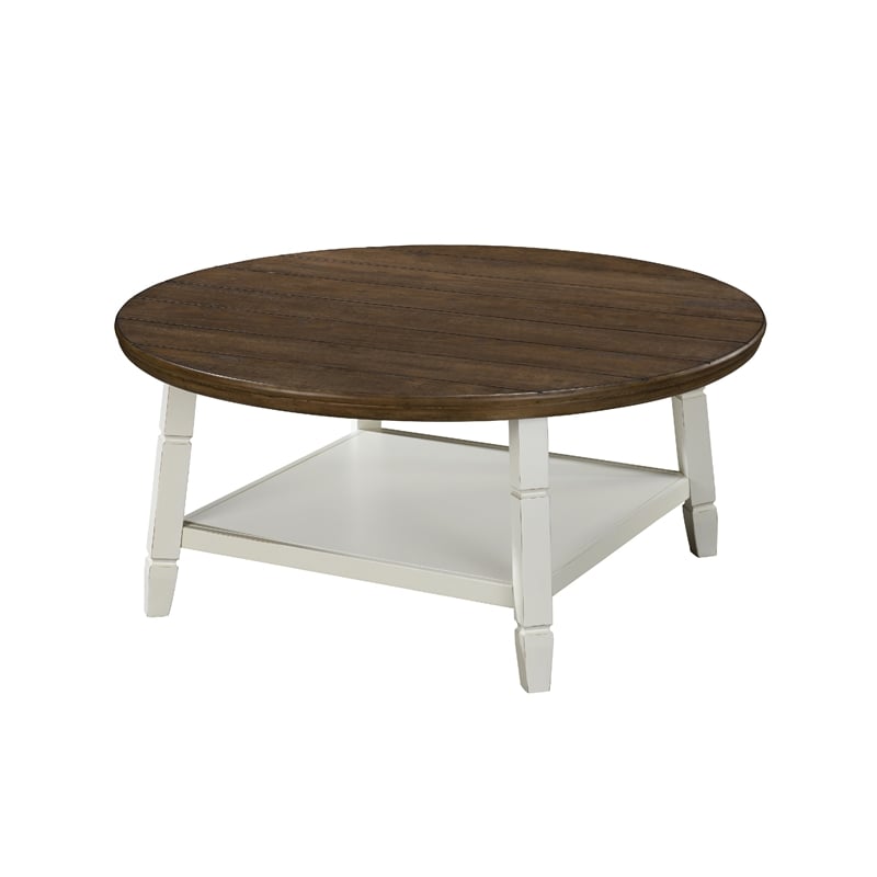 Ethy 3pc Round Coffee Table & End Table Set- Lower Shelf- Brown & White