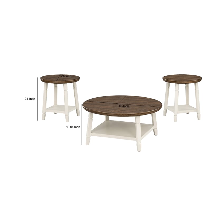 Ethy 3pc Round Coffee Table & End Table Set- Lower Shelf- Brown & White