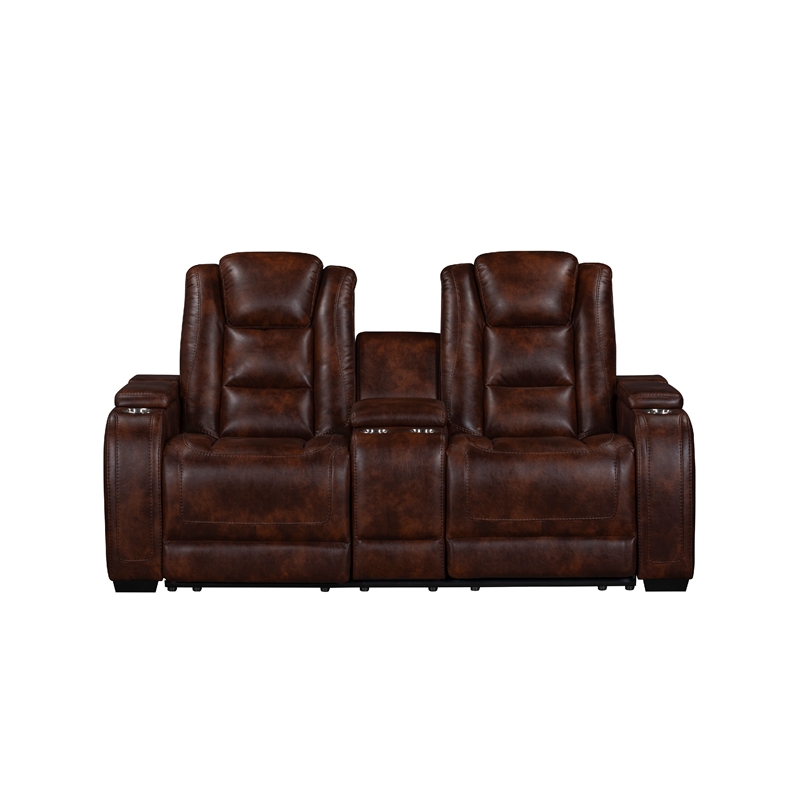 Choi Power Recliner Loveseat- Storage Arms and Console- Brown Faux Leather