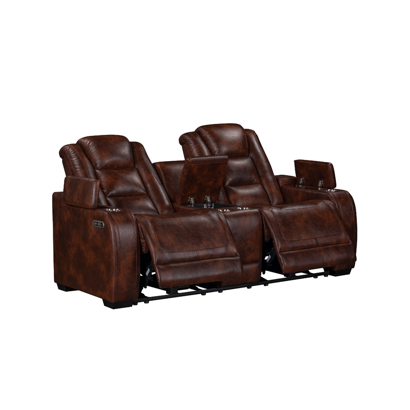 Choi Power Recliner Loveseat- Storage Arms and Console- Brown Faux Leather