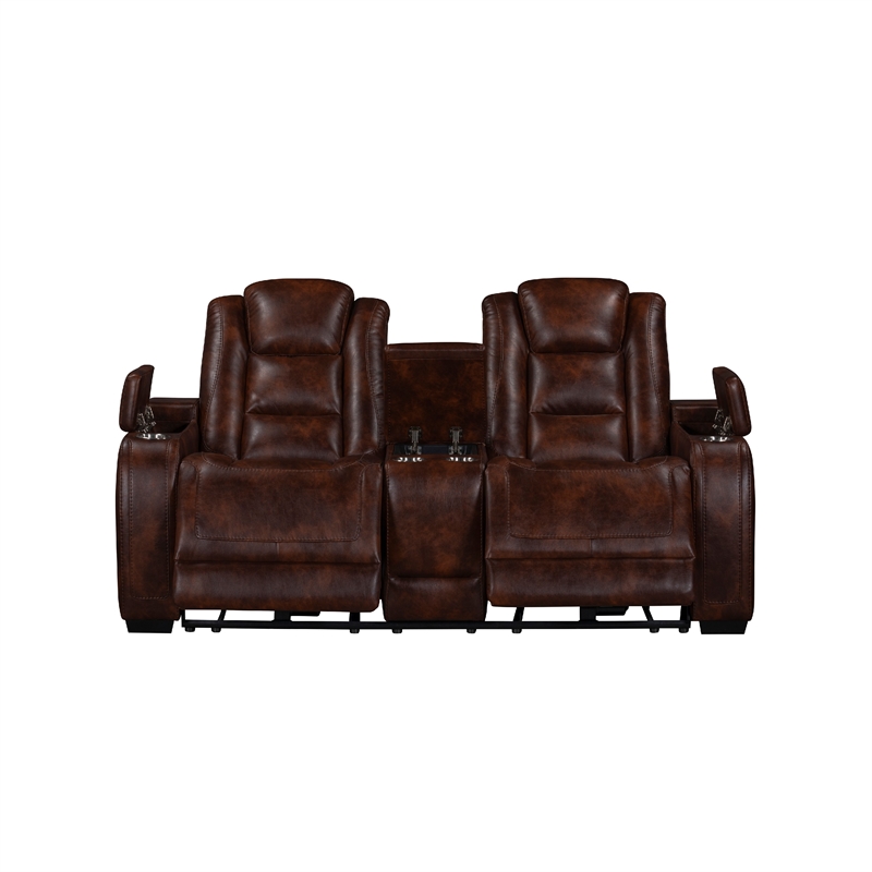 Choi Power Recliner Loveseat- Storage Arms and Console- Brown Faux Leather