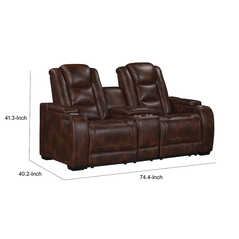 Choi Power Recliner Loveseat- Storage Arms and Console- Brown Faux Leather