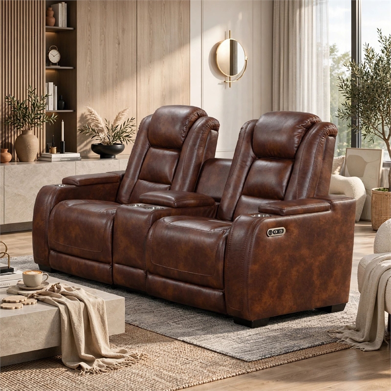 Choi Power Recliner Loveseat- Storage Arms and Console- Brown Faux Leather
