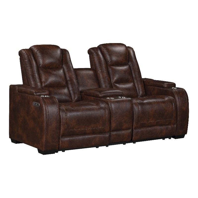 Choi Power Recliner Loveseat- Storage Arms and Console- Brown Faux Leather
