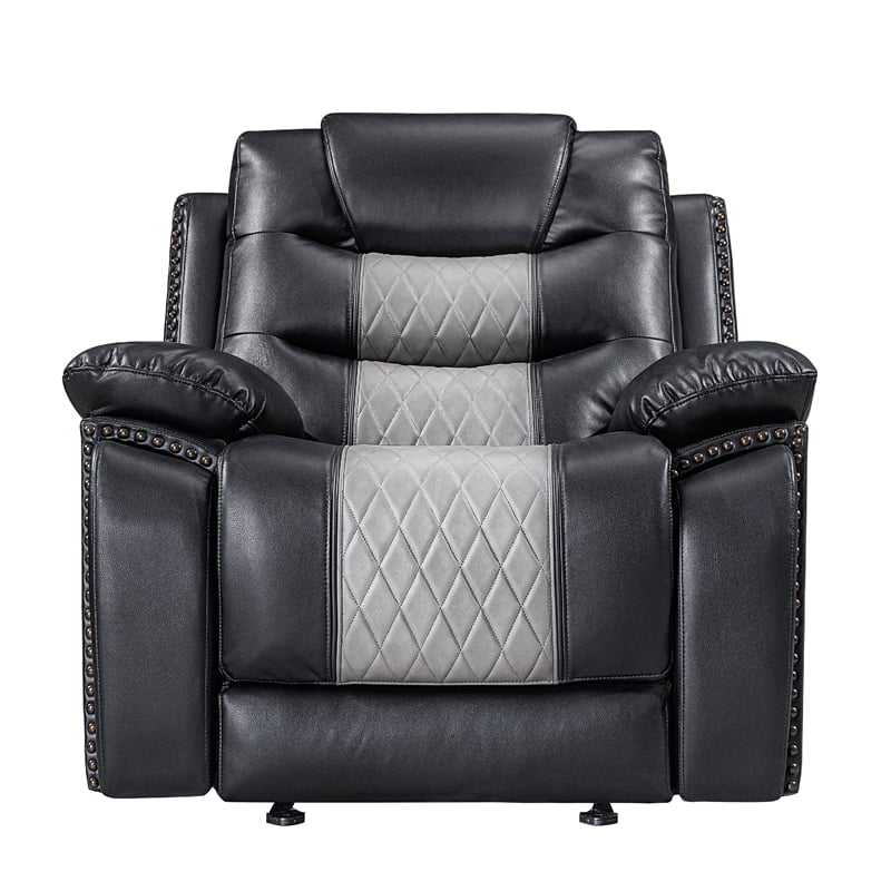 Asher Manual Glider Recliner w Cupholders- Black and Gray Faux Leather