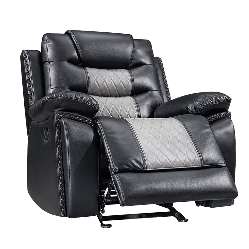 Asher Manual Glider Recliner w Cupholders- Black and Gray Faux Leather
