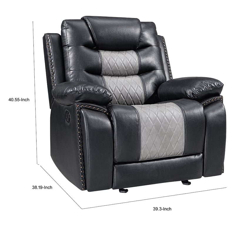Asher Manual Glider Recliner w Cupholders- Black and Gray Faux Leather