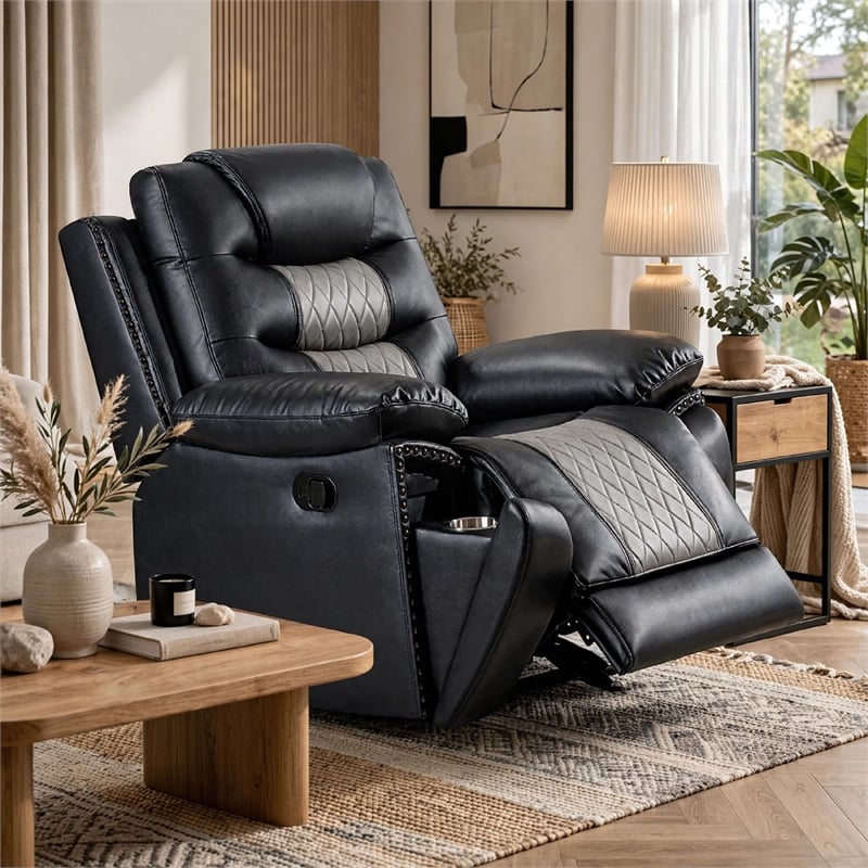 Asher Manual Glider Recliner w Cupholders- Black and Gray Faux Leather