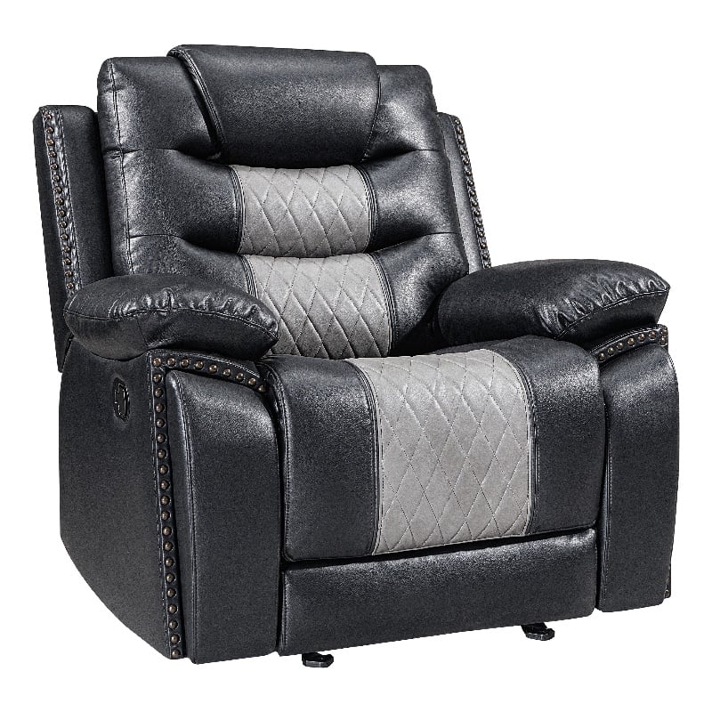 Asher Manual Glider Recliner w Cupholders- Black and Gray Faux Leather
