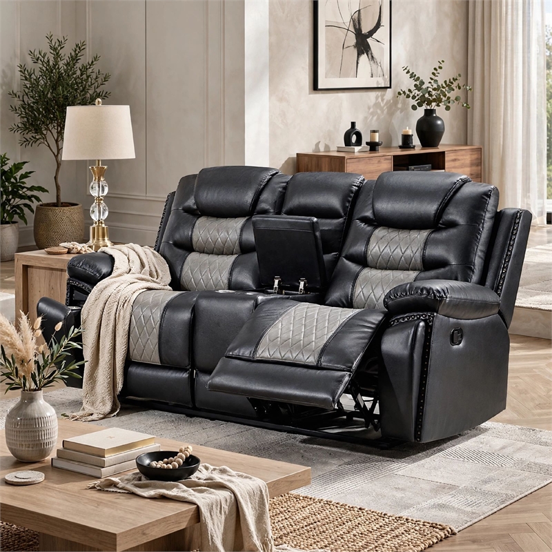 Asher Lovseat w Dual Manual Recliners- Console- Cupholders- Black and Gray