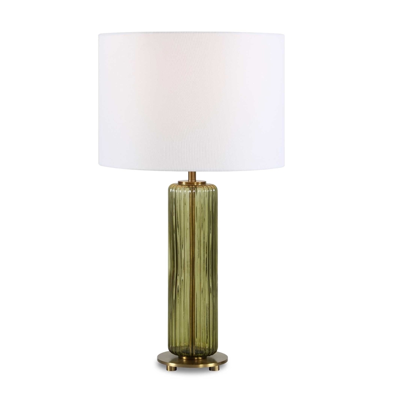Table Lamp- Off White Linen Shade- Olive Green Ribbed Glass- 26 Inch