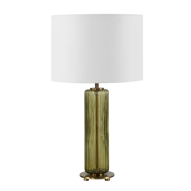 Table Lamp- Off White Linen Shade- Olive Green Ribbed Glass- 26 Inch