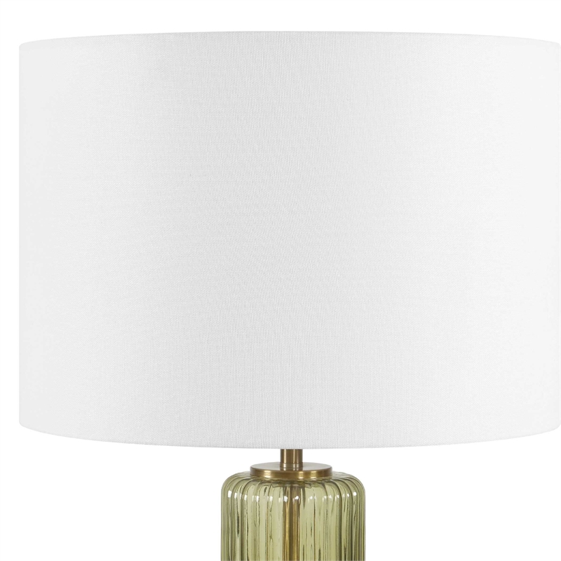 Table Lamp- Off White Linen Shade- Olive Green Ribbed Glass- 26 Inch