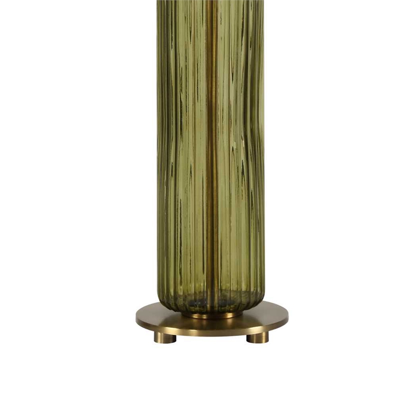 Table Lamp- Off White Linen Shade- Olive Green Ribbed Glass- 26 Inch