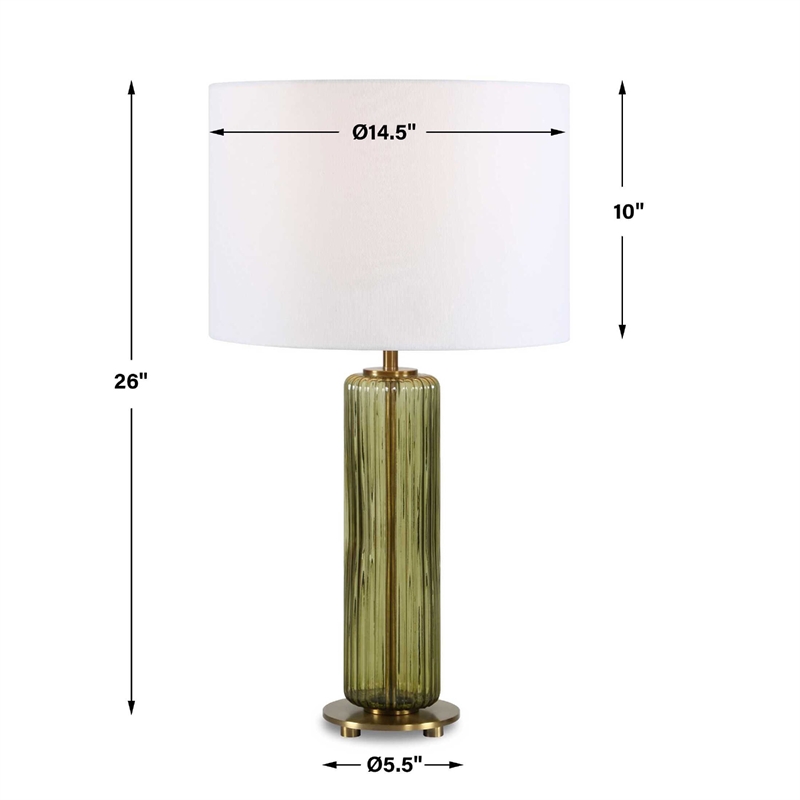 Table Lamp- Off White Linen Shade- Olive Green Ribbed Glass- 26 Inch