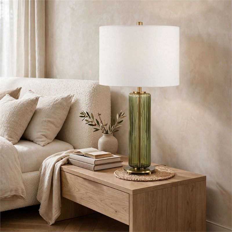 Table Lamp- Off White Linen Shade- Olive Green Ribbed Glass- 26 Inch